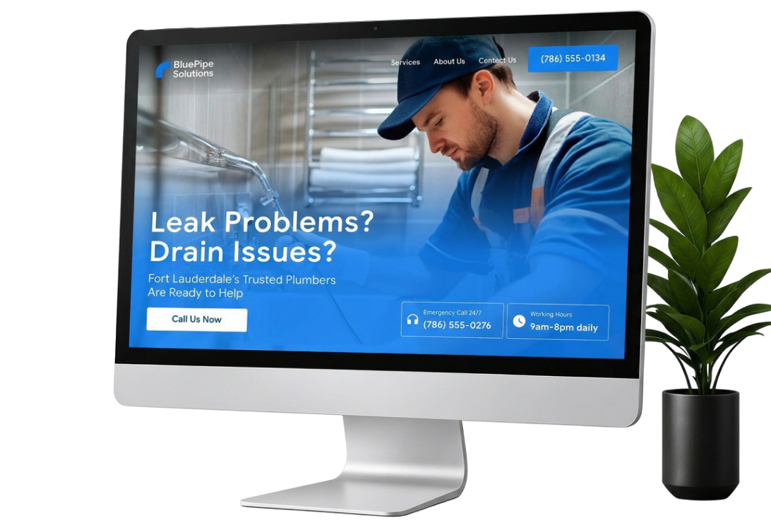 Desktop mockup showing a plumbing website design